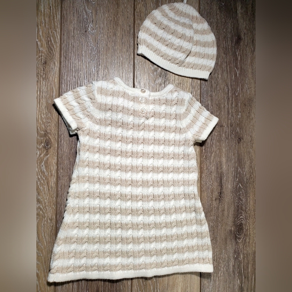 Baby's tan & white striped capped sleeve sweater dress, hat and cardigan 6-9M - Picture 5 of 16